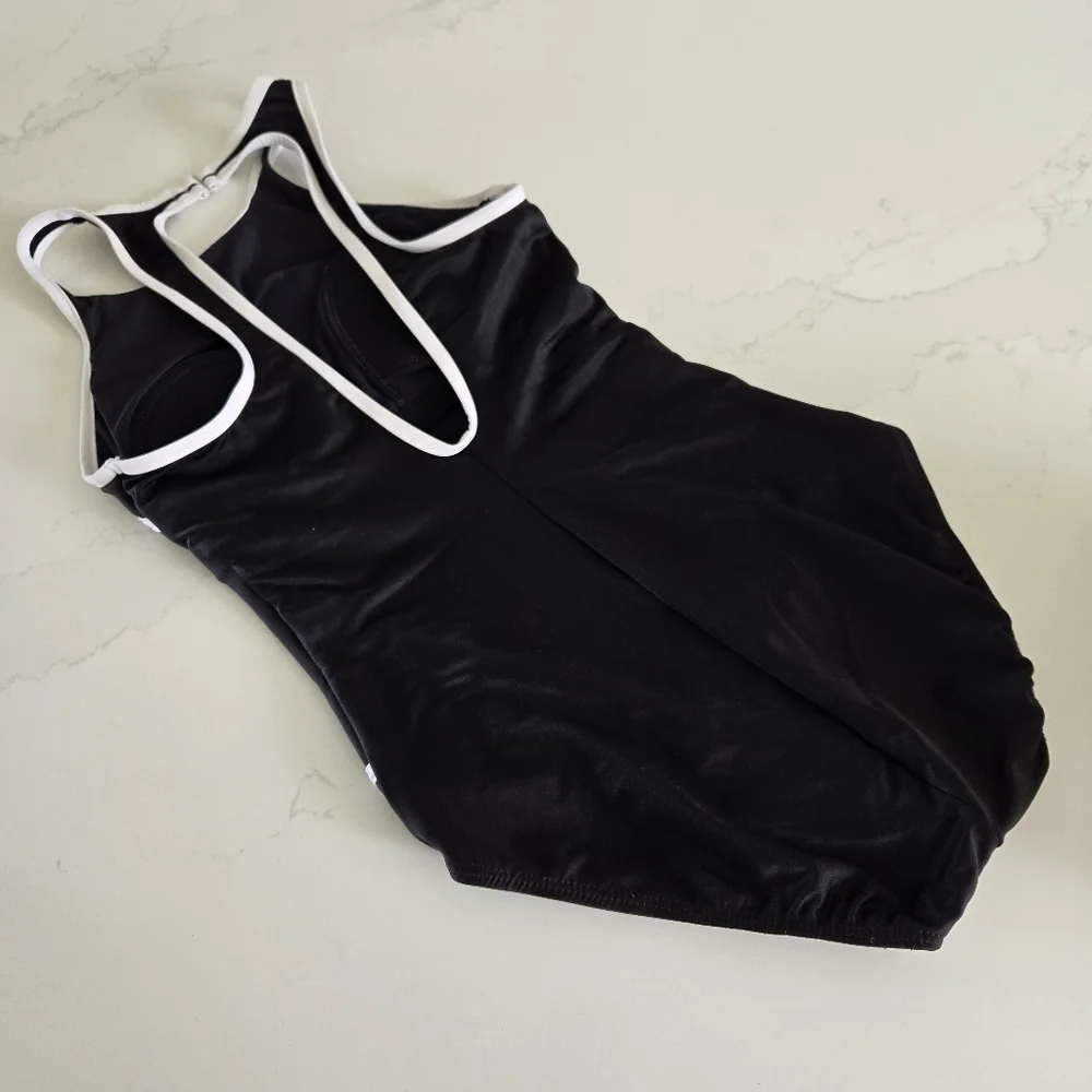 MIRACLESUIT Line Up One-Piece Swimsuit Sculpting High-Neck Black White Piping - Picture 5 of 11